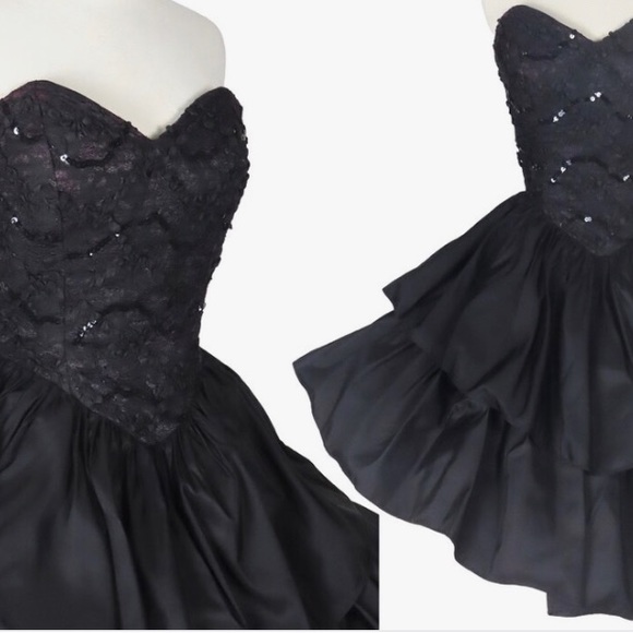 Vintage 80s black strapless sequin lace taffeta full skirt dress
